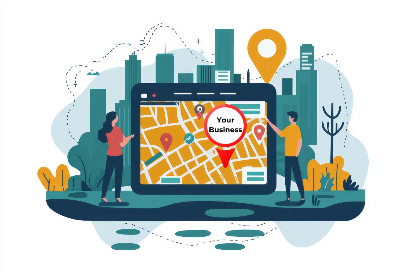 Illustration of a digital map with a location pin labeled ‘Your Business,’ showing how Google Maps integration helps businesses attract customers.