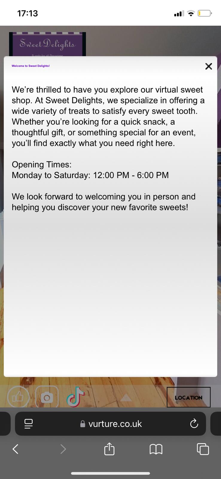Sweet Delights virtual tour hotspot displaying opening hours and a welcome message.