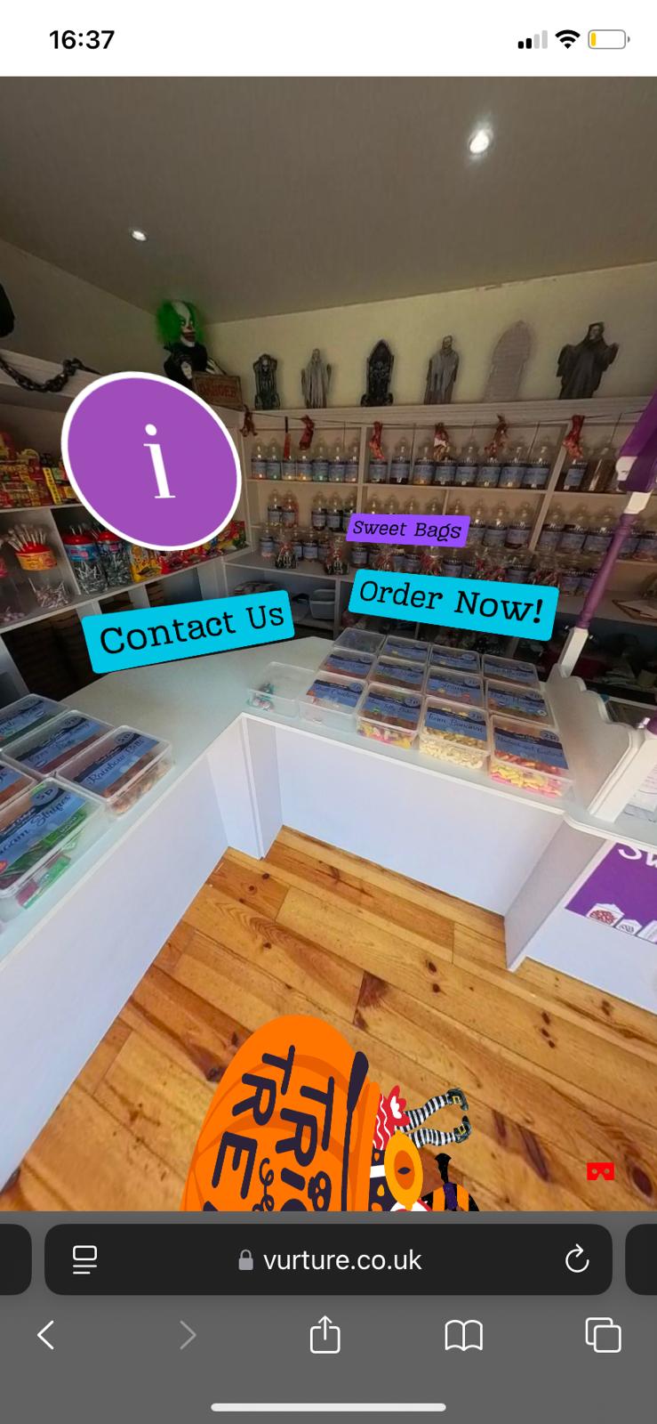 Sweet Delights virtual tour product hotspot highlighting sweet bag options.