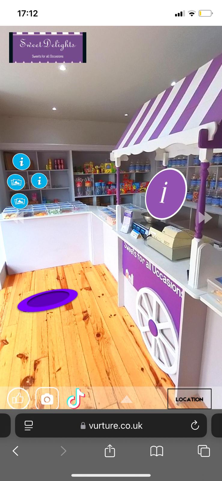Sweet Delights virtual tour showcasing the vibrant candy displays and store layout.