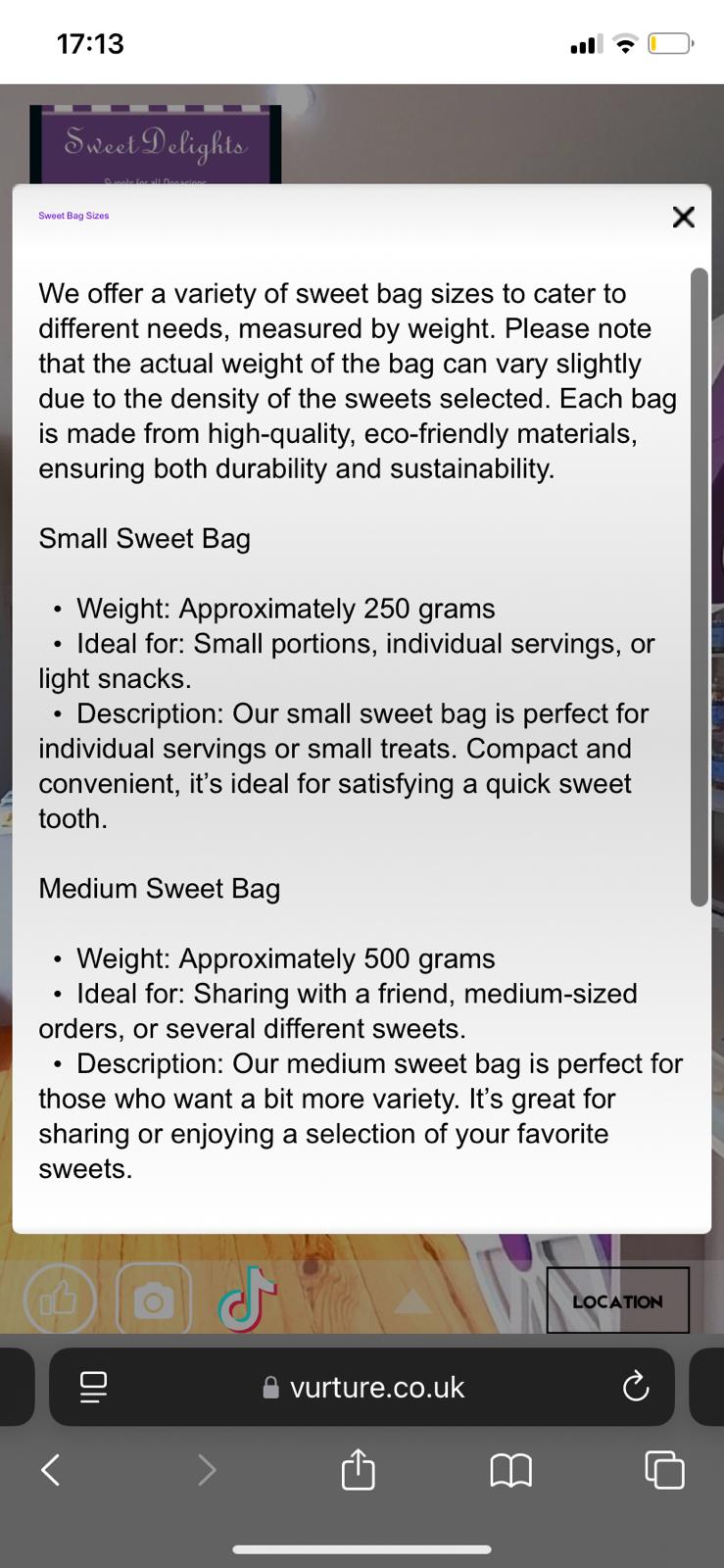 Sweet Delights virtual tour hotspot showcasing sweet bag sizes, weights, and descriptions for small and medium bags